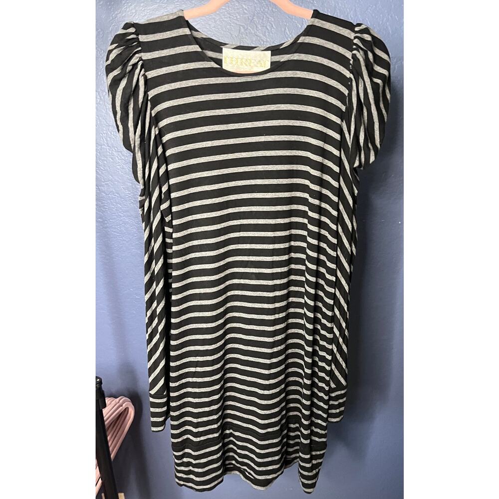 Thread Social Striped Long Puff Sleeve Dress Black Gray Casual Stretch Large